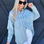 Striped Button Down Shacket In Chambray - Infinity Raine