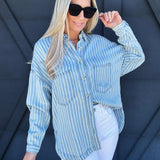 Striped Button Down Shacket In Chambray - Infinity Raine