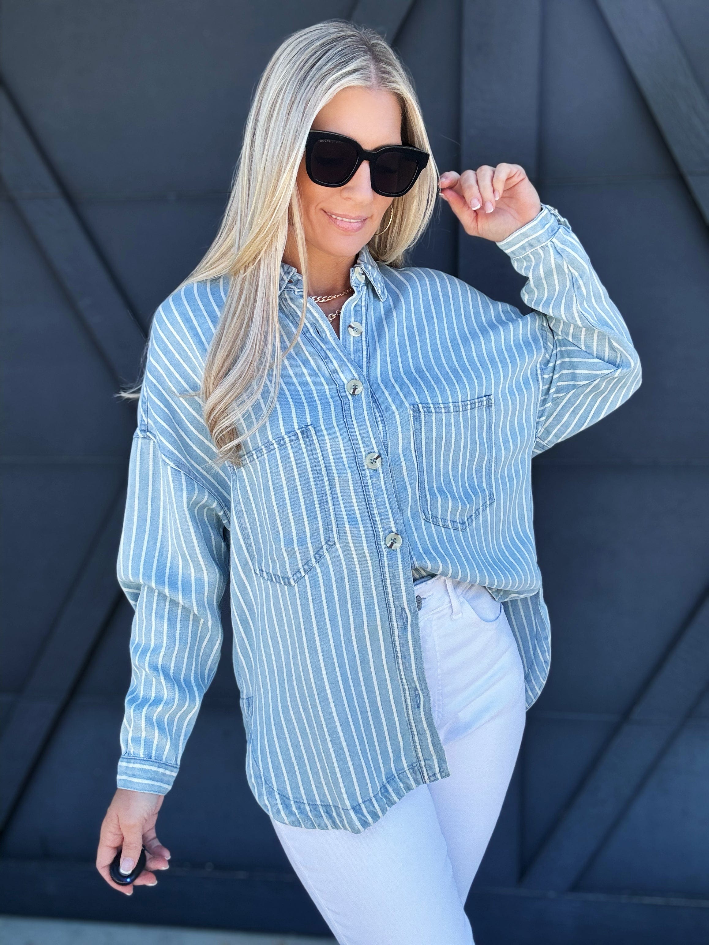 Striped Button Down Shacket In Chambray - Infinity Raine