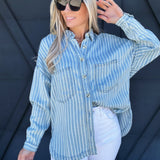 Striped Button Down Shacket In Chambray - Infinity Raine