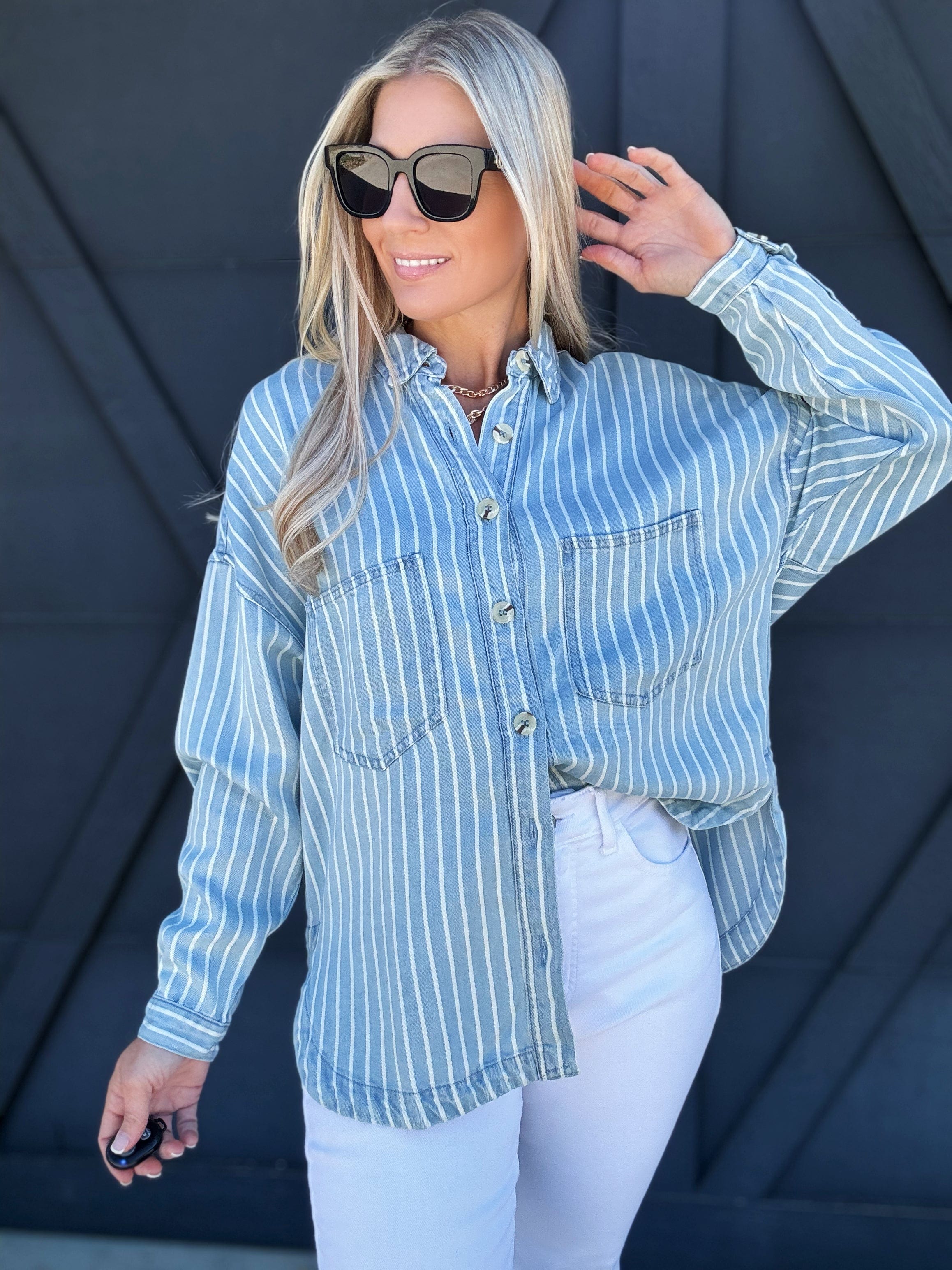 Striped Button Down Shacket In Chambray - Infinity Raine