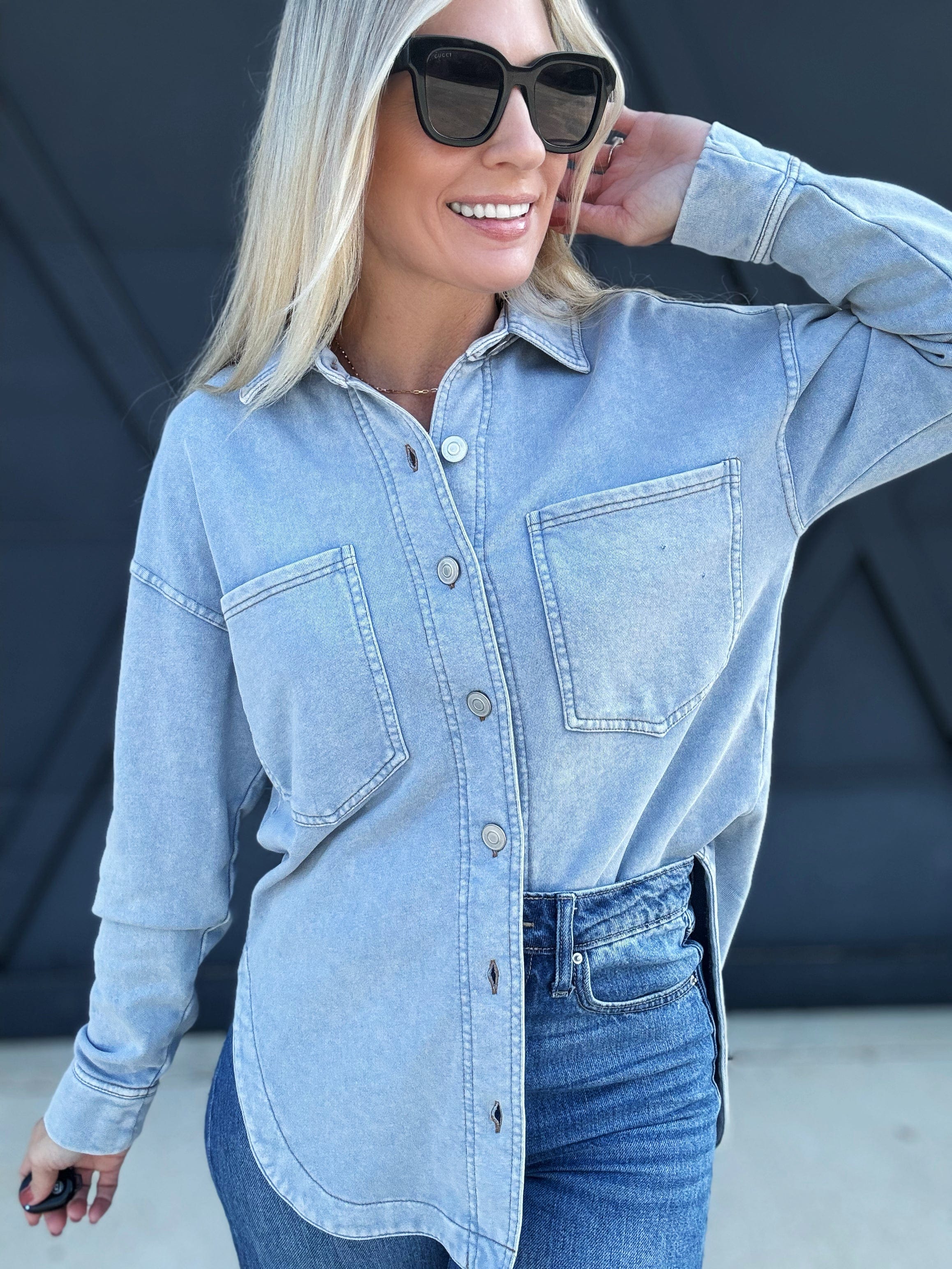 Long Sleeve Cotton Button Up -Blue - Infinity Raine