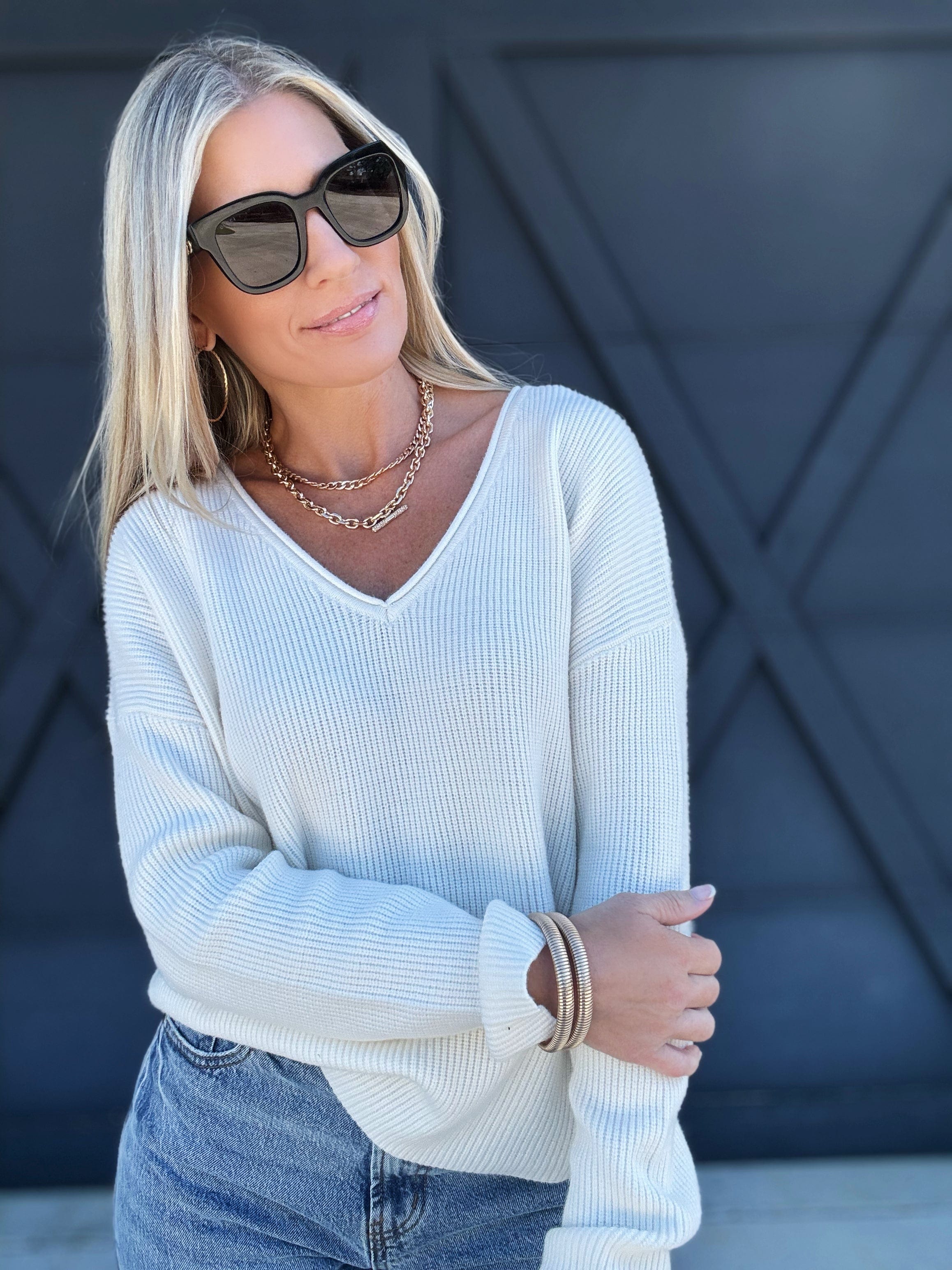 Ribbed V-Neck Sweater In Oatmeal - Infinity Raine