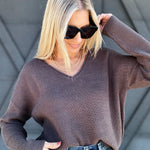 Ribbed V-Neck Sweater In Charcoal - Infinity Raine