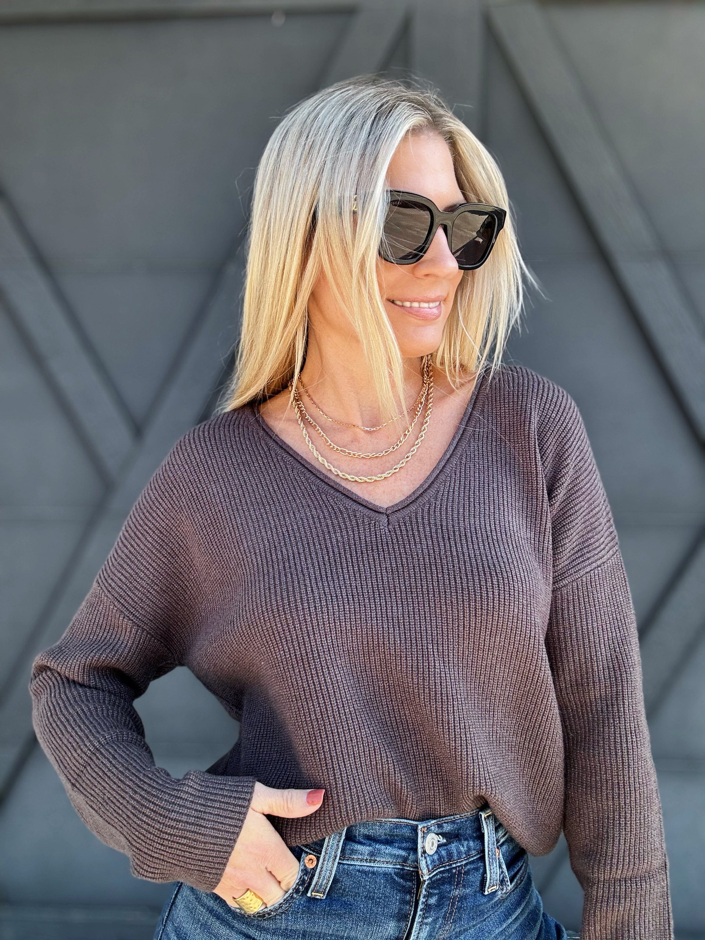 Ribbed V-Neck Sweater In Charcoal - Infinity Raine