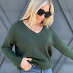 Ribbed V-Neck Sweater In Hunter Green - Infinity Raine