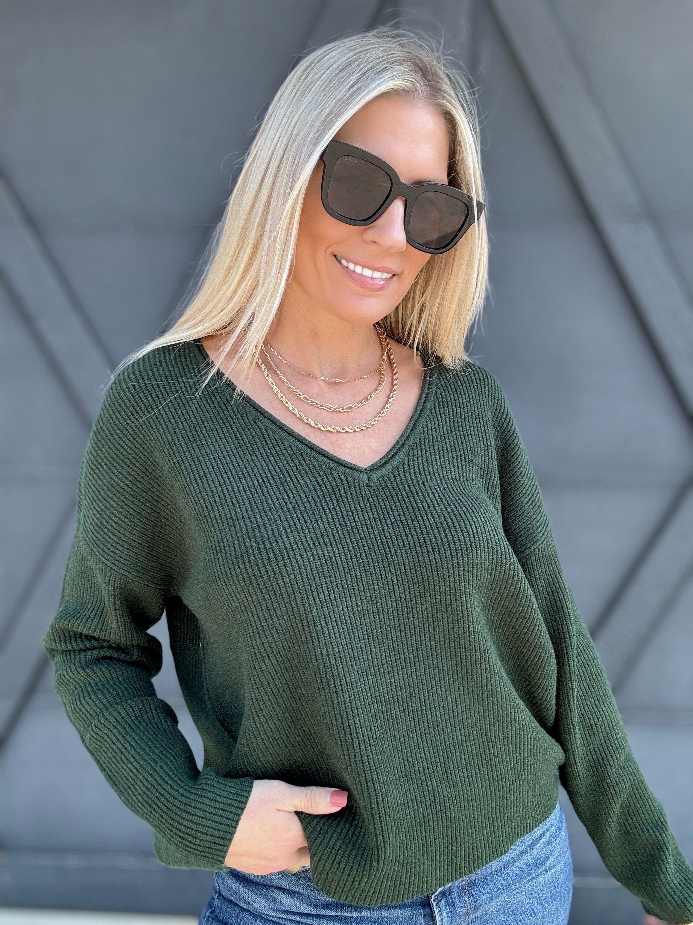 Ribbed V-Neck Sweater In Hunter Green - Infinity Raine