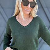 Ribbed V-Neck Sweater In Hunter Green - Infinity Raine