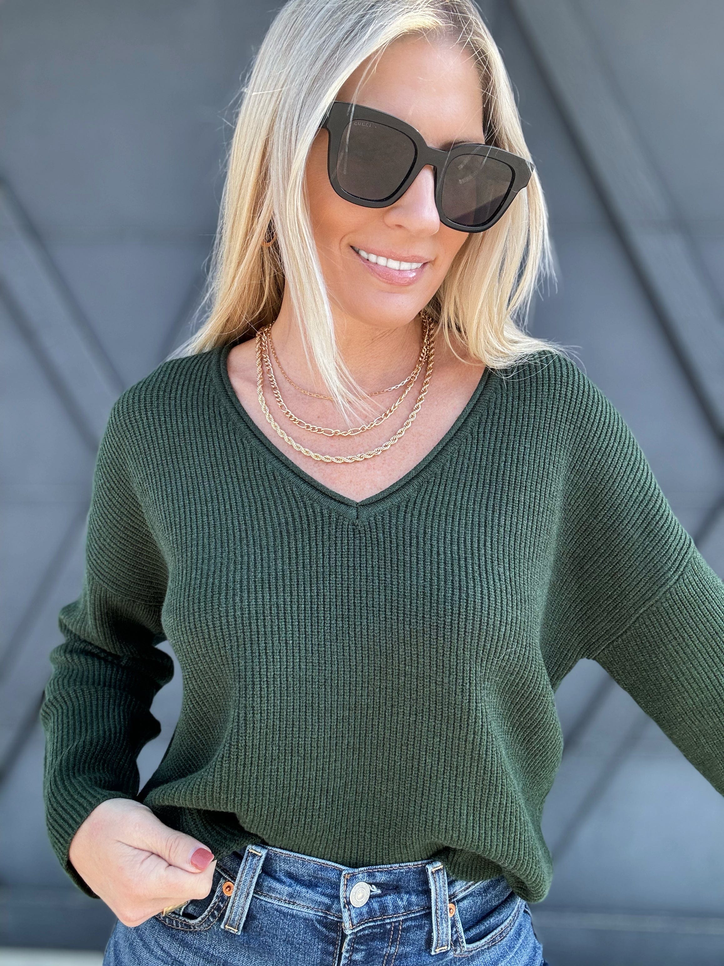 Ribbed V-Neck Sweater In Hunter Green - Infinity Raine