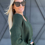 Ribbed V-Neck Sweater In Hunter Green - Infinity Raine