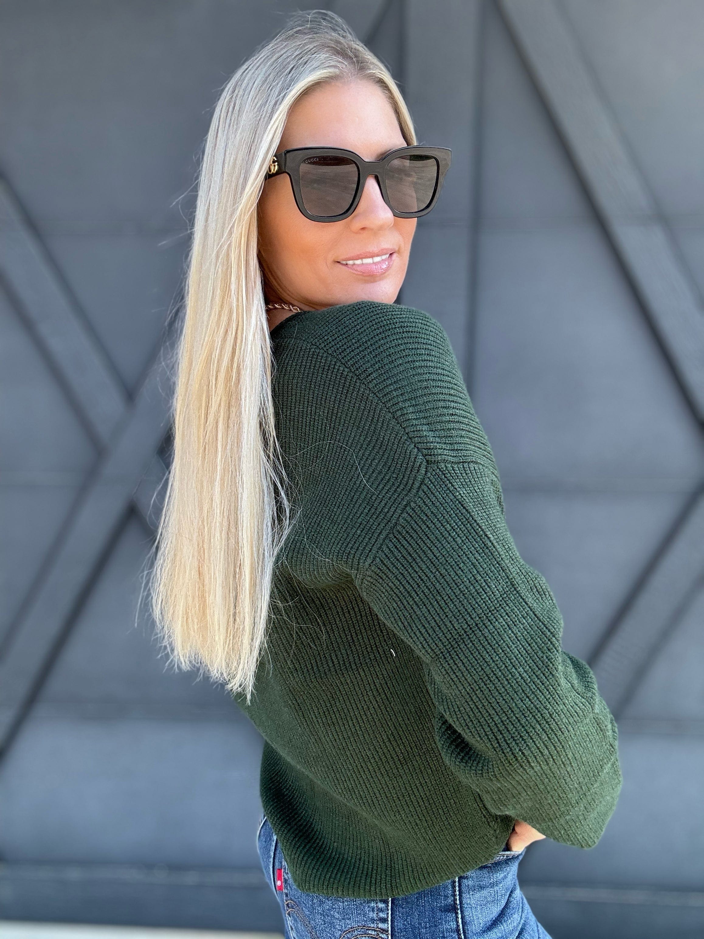 Ribbed V-Neck Sweater In Hunter Green - Infinity Raine