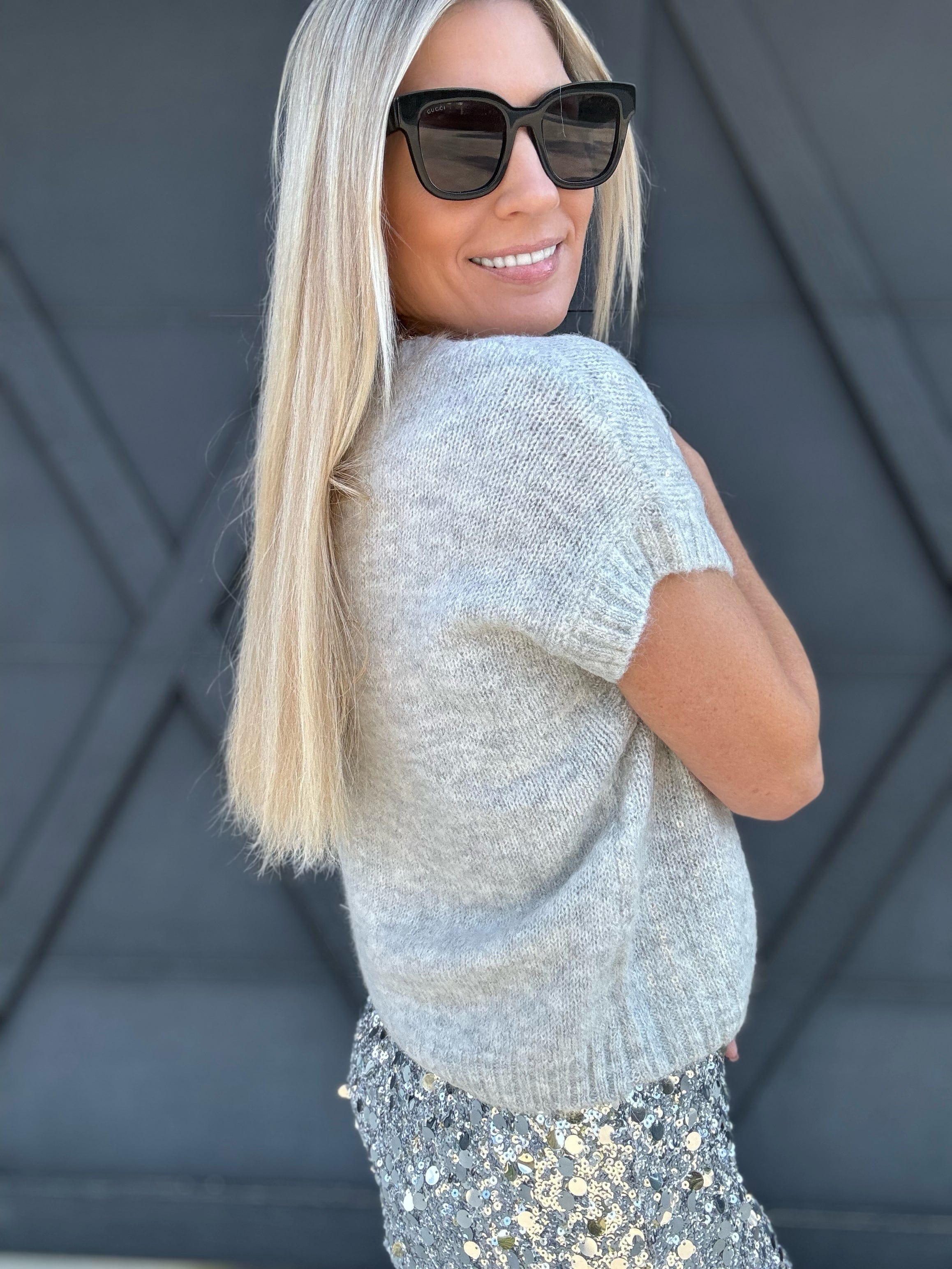 Sequin Crew Neck Short Sleeve Sweater - Infinity Raine