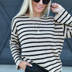 Stripe Boat Neck Knit Sweater In Taupe - Infinity Raine