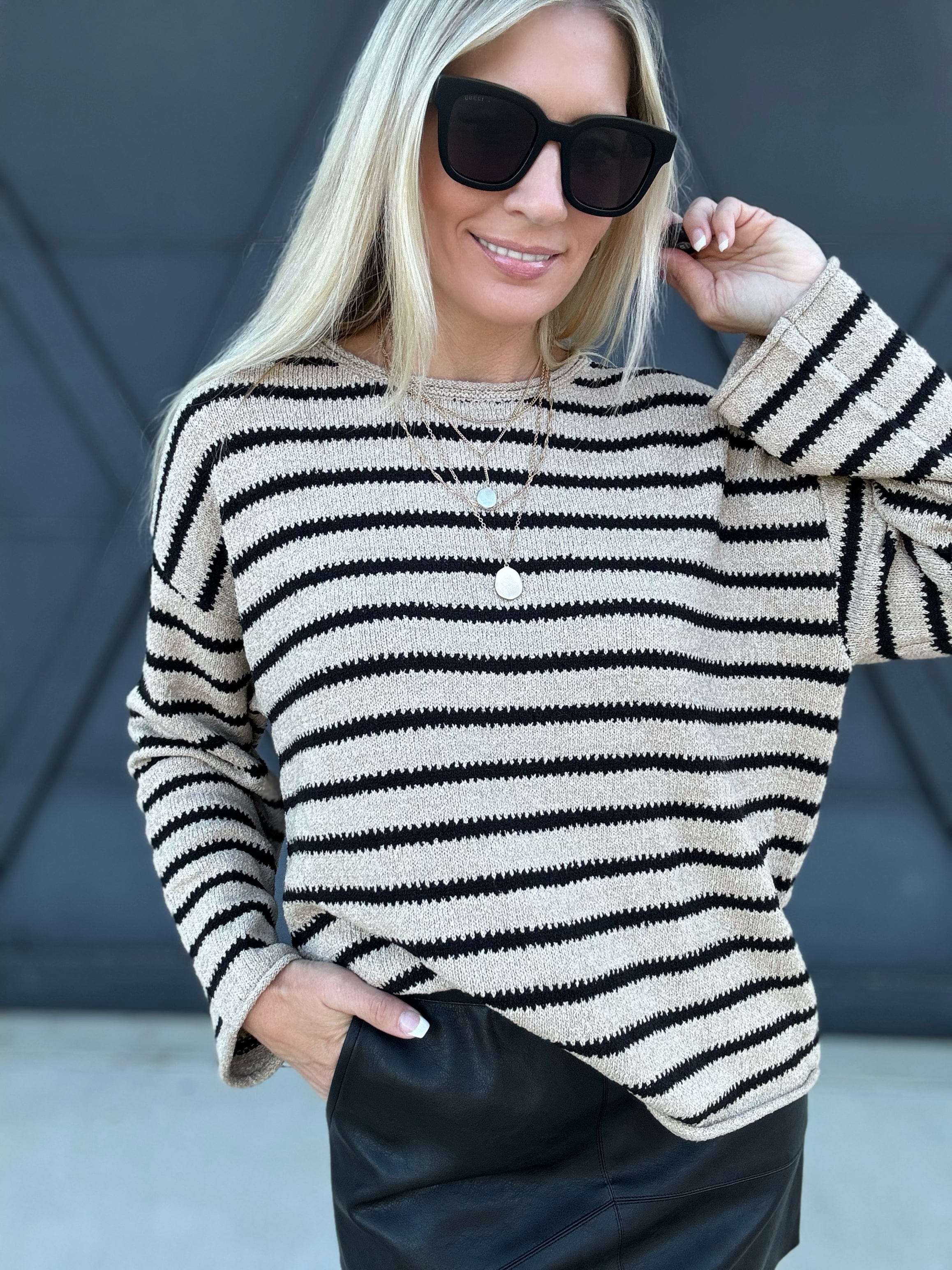 Stripe Boat Neck Knit Sweater In Taupe - Infinity Raine