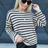 Stripe Boat Neck Knit Sweater In Taupe - Infinity Raine