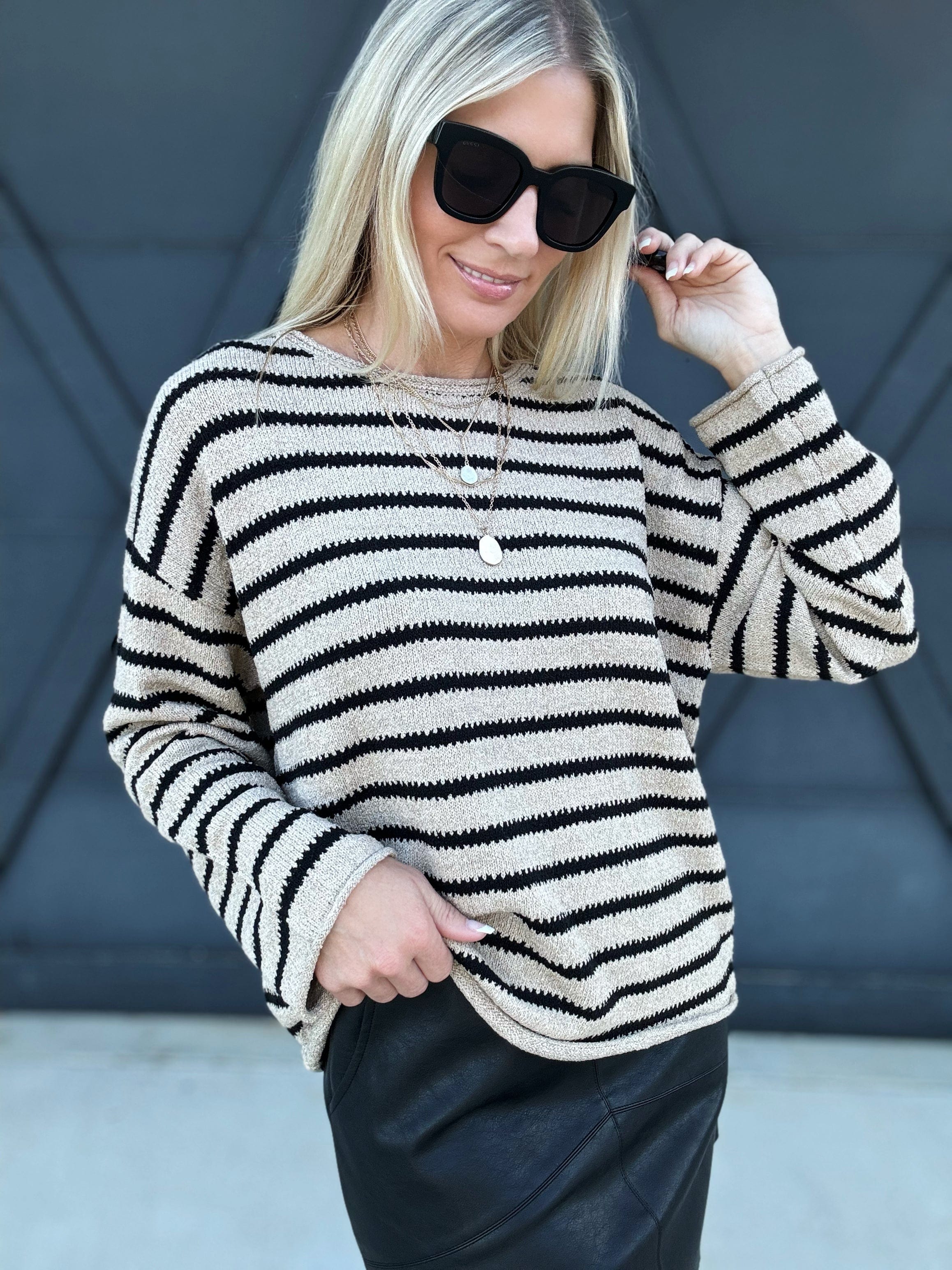 Stripe Boat Neck Knit Sweater In Taupe - Infinity Raine