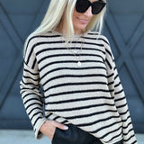 Stripe Boat Neck Knit Sweater In Taupe - Infinity Raine