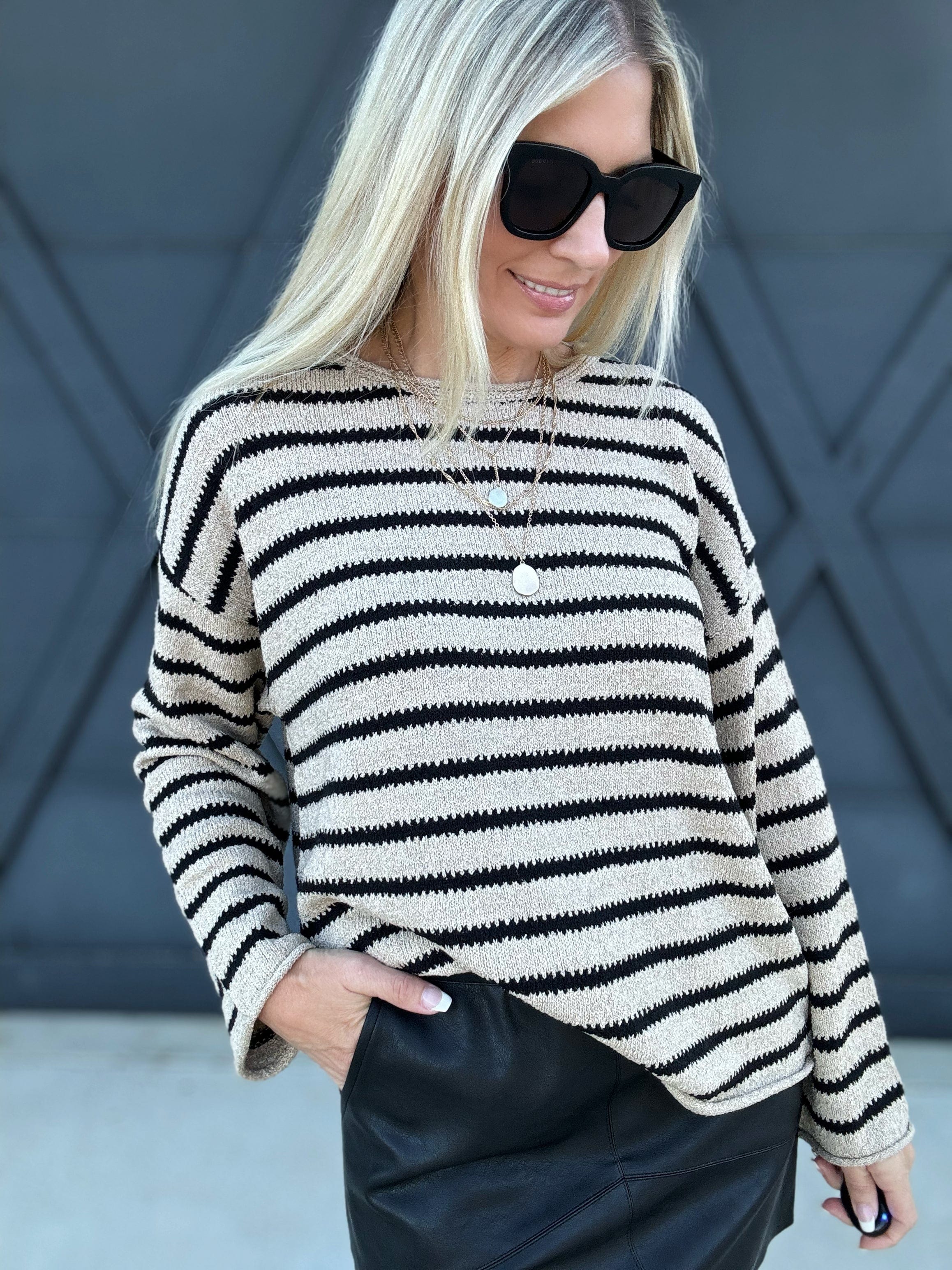 Stripe Boat Neck Knit Sweater In Taupe - Infinity Raine