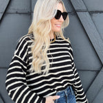 Stripe Boat Neck Knit Sweater In Black - Infinity Raine