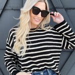 Stripe Boat Neck Knit Sweater In Black - Infinity Raine