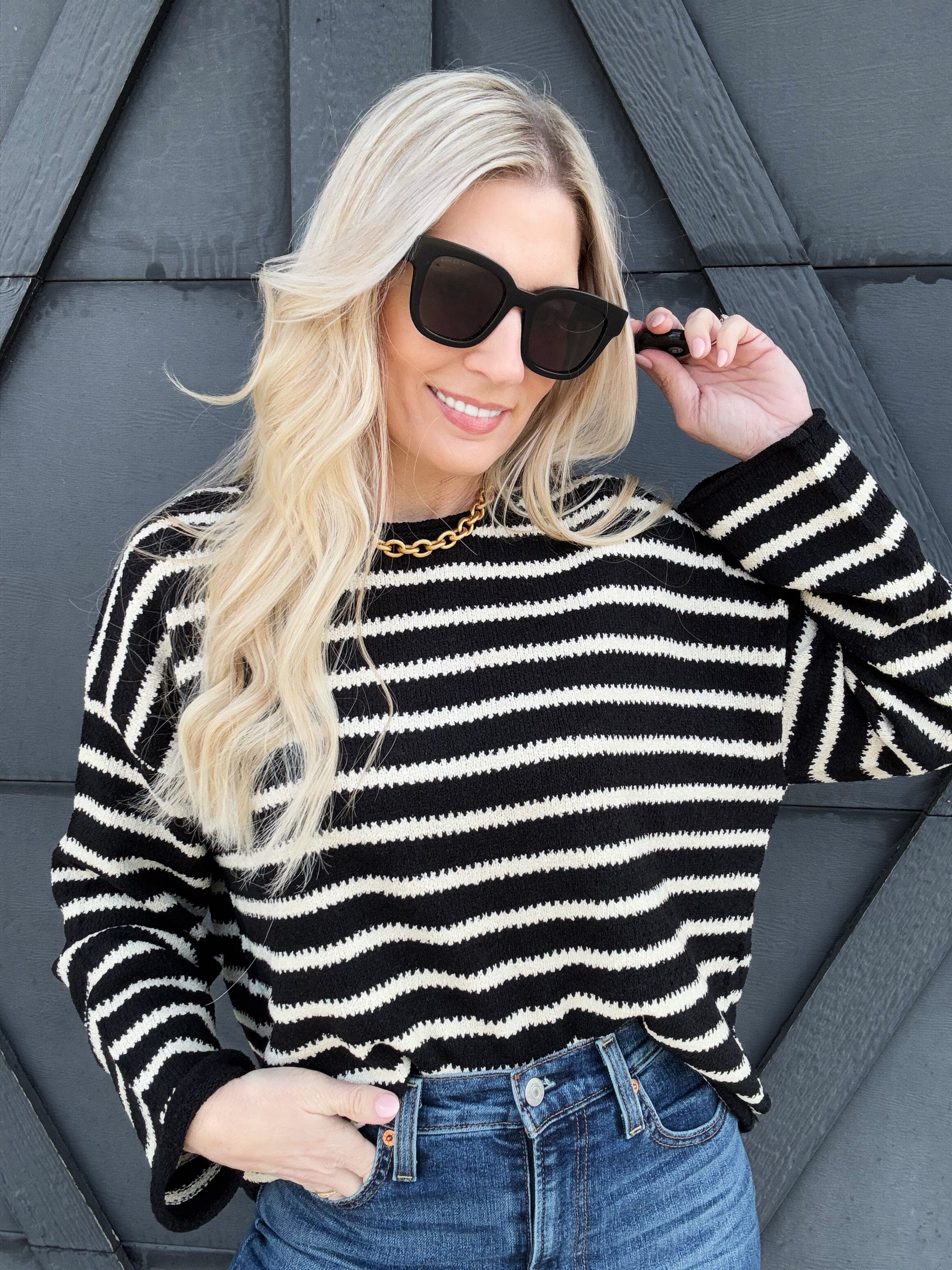 Stripe Boat Neck Knit Sweater In Black - Infinity Raine