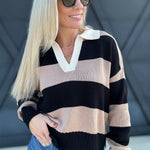 Stripe Contrast Collar Long Sleeve Knit Sweater in Black and Camel - Infinity Raine