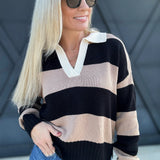 Stripe Contrast Collar Long Sleeve Knit Sweater in Black and Camel - Infinity Raine