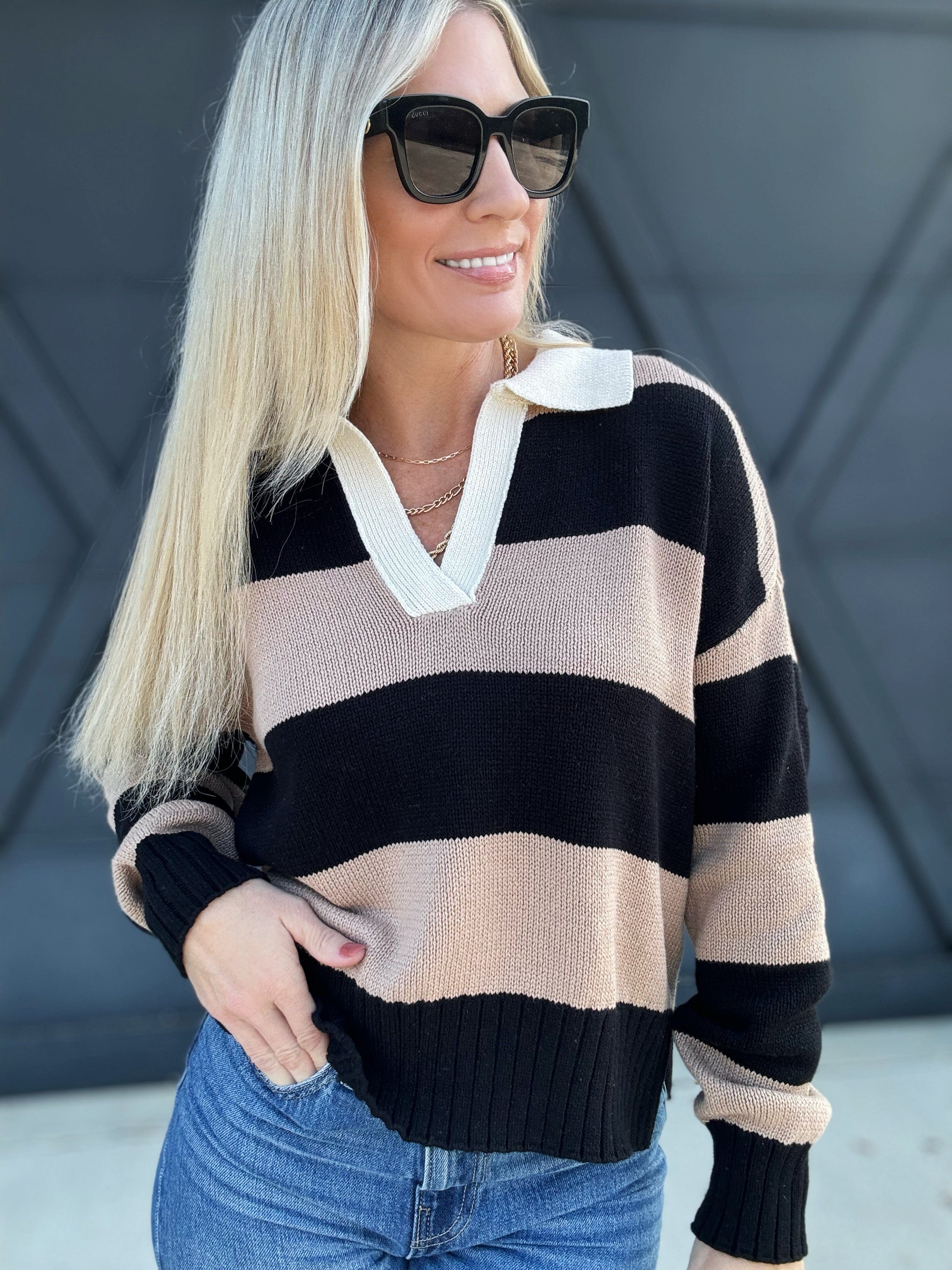 Stripe Contrast Collar Long Sleeve Knit Sweater in Black and Camel - Infinity Raine