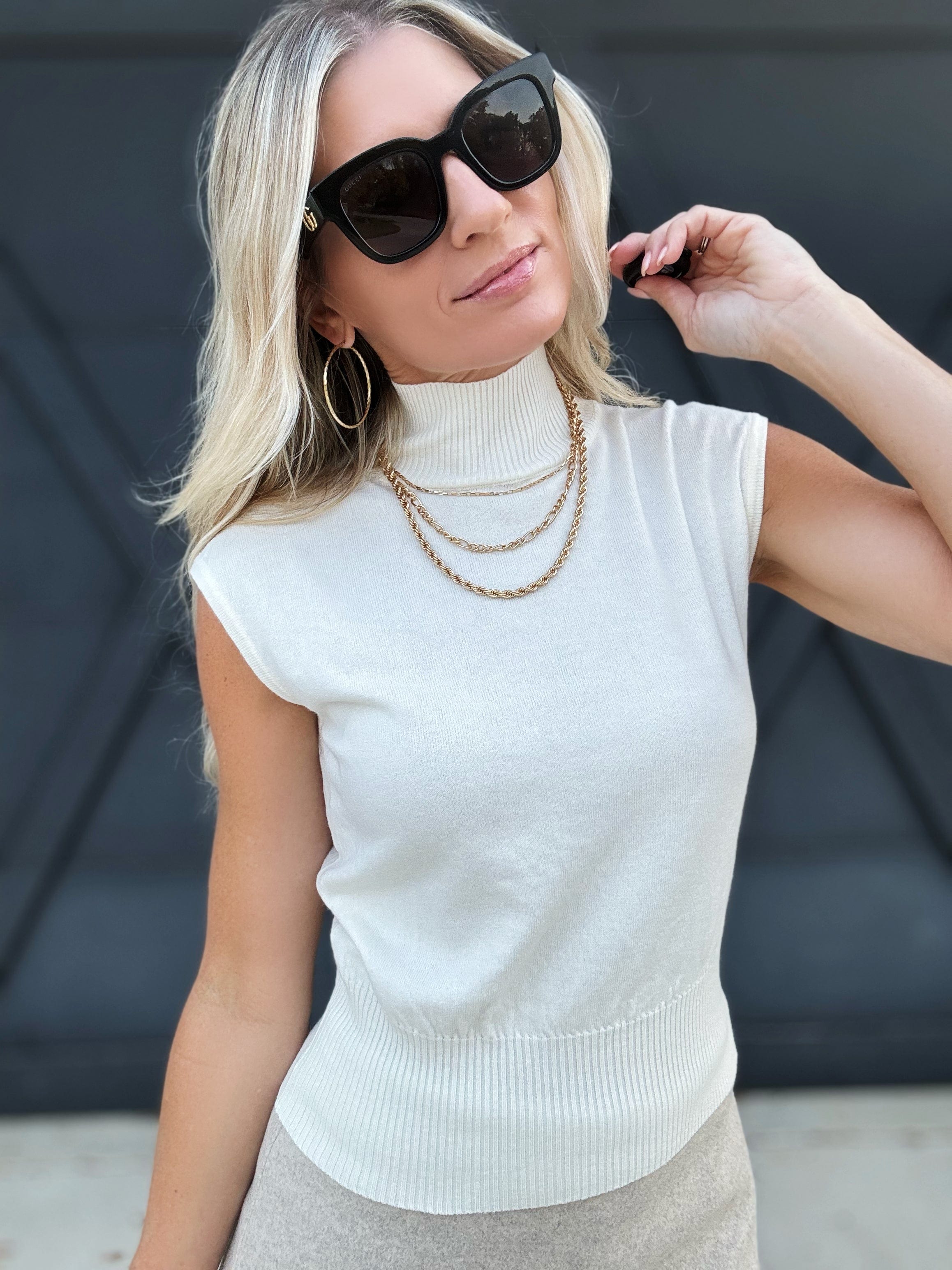 Turtleneck Knit Shell Top In Cream - Infinity Raine