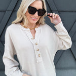 V Neck Button Down In Oatmeal - Infinity Raine