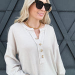 V Neck Button Down In Oatmeal - Infinity Raine