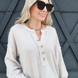 V Neck Button Down In Oatmeal - Infinity Raine