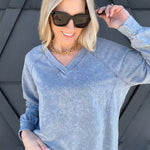 Washed V-Neck Pullover In Indigo Blue - Infinity Raine