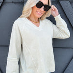 Washed V-Neck Pullover In Oatmeal - Infinity Raine