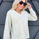 Washed V-Neck Pullover In Oatmeal - Infinity Raine