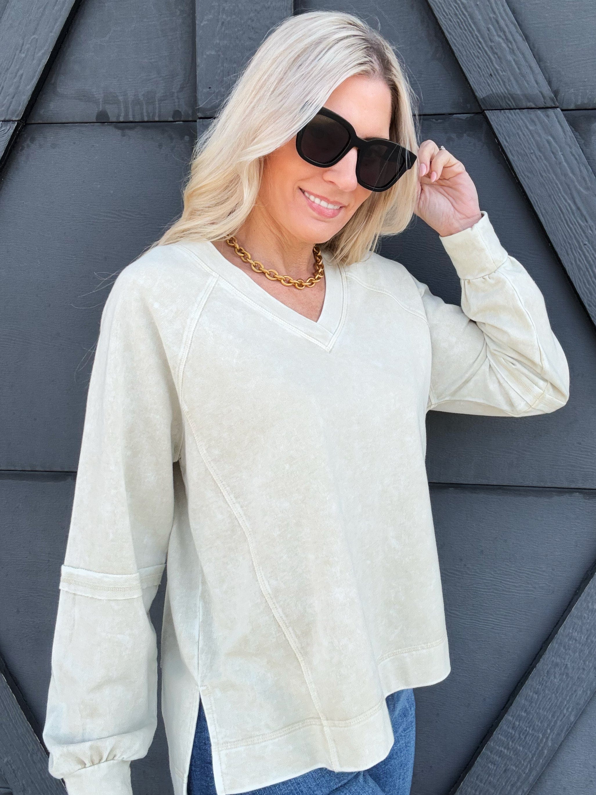 Washed V-Neck Pullover In Oatmeal - Infinity Raine