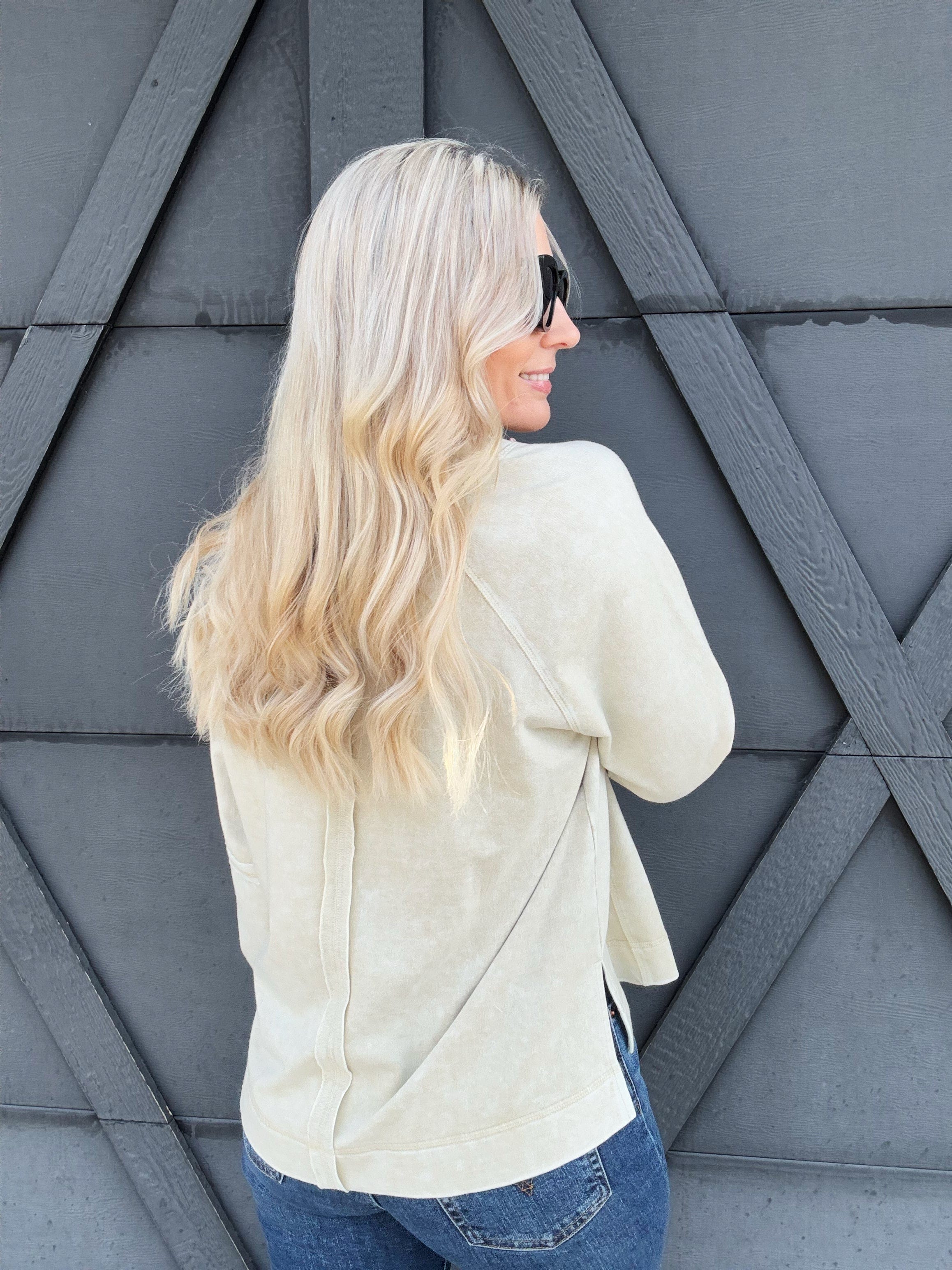 Washed V-Neck Pullover In Oatmeal - Infinity Raine