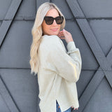 Washed V-Neck Pullover In Oatmeal - Infinity Raine