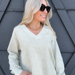 Washed V-Neck Pullover In Oatmeal - Infinity Raine