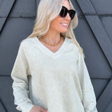 Washed V-Neck Pullover In Oatmeal - Infinity Raine