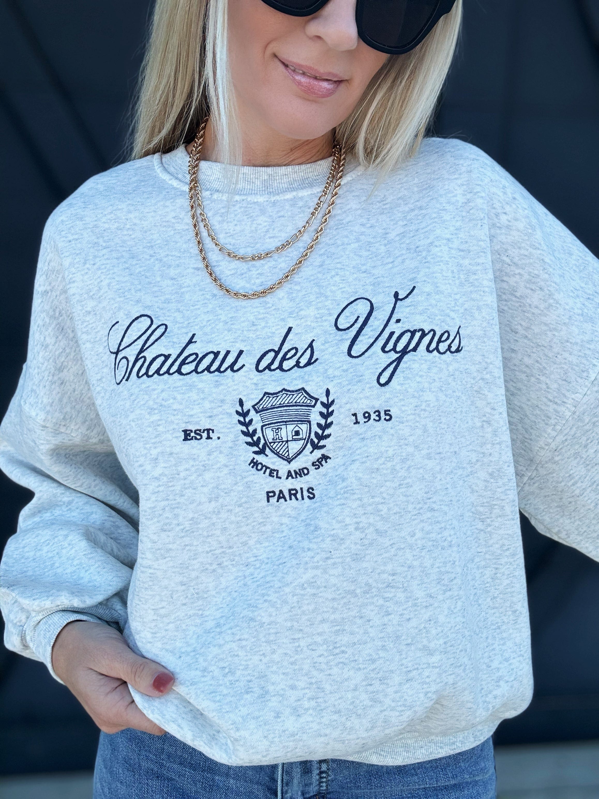 Paris Embroidered Crewneck In Heather Grey - Infinity Raine