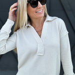 Split Neck Long Sleeve Knit Top In Oatmeal - Infinity Raine