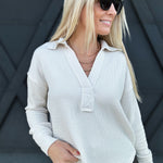 Split Neck Long Sleeve Knit Top In Oatmeal - Infinity Raine