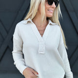 Split Neck Long Sleeve Knit Top In Oatmeal - Infinity Raine