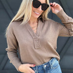 Split Neck Long Sleeve Knit Top In Taupe - Infinity Raine