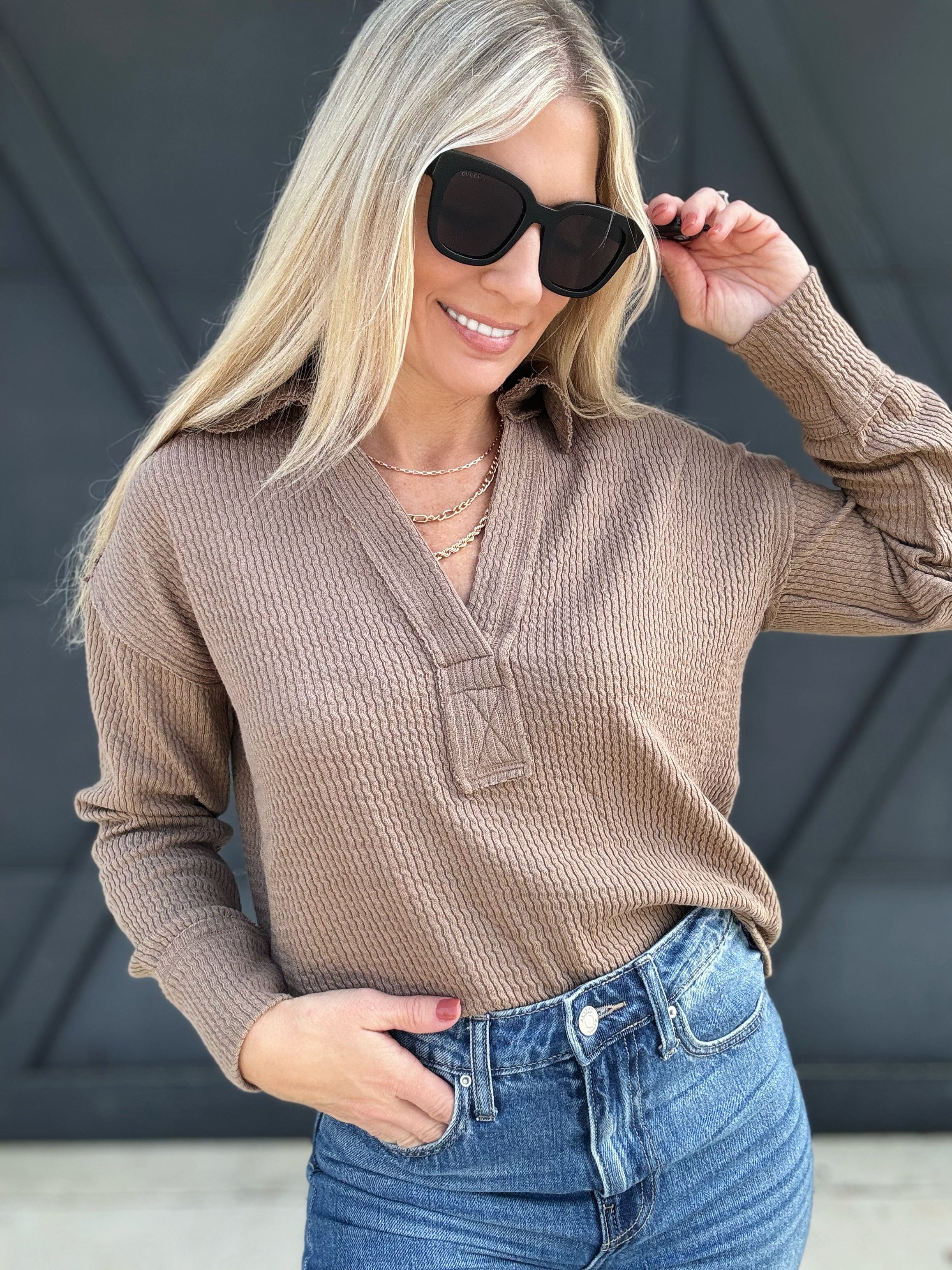 Split Neck Long Sleeve Knit Top In Taupe - Infinity Raine