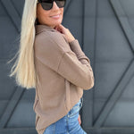 Split Neck Long Sleeve Knit Top In Taupe - Infinity Raine