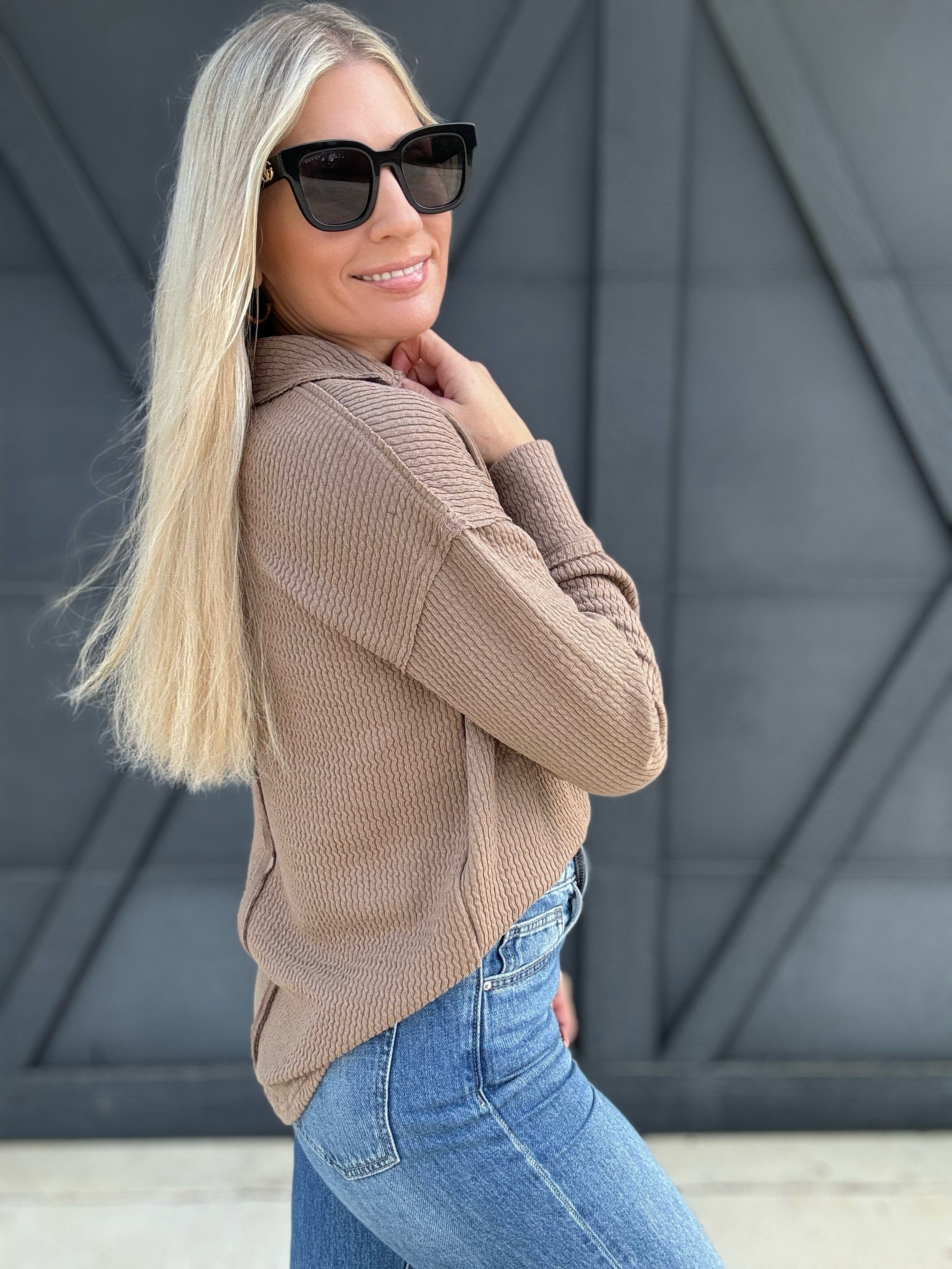 Split Neck Long Sleeve Knit Top In Taupe - Infinity Raine