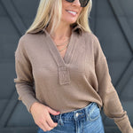 Split Neck Long Sleeve Knit Top In Taupe - Infinity Raine