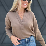 Split Neck Long Sleeve Knit Top In Taupe - Infinity Raine